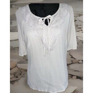 JM Collection Blouse Women Medium White Embroidered Flowy Resortwear
